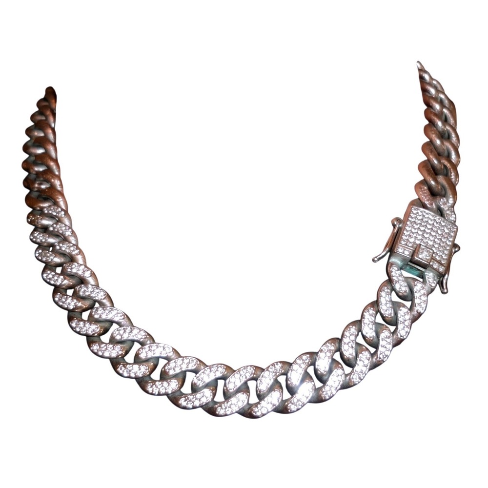 Mens Iced Out Cuban Link Chain Necklace Silver Tone 20 Inch 15mm Crystal Pavé